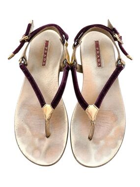 Prada Purple Velvet & Gold Metallic T-Strap Sandals